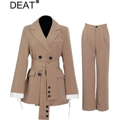 DEAT 2021 new winter and summer notched collar flare sleeves high waist double breasted blazer and full length pants set WR27604