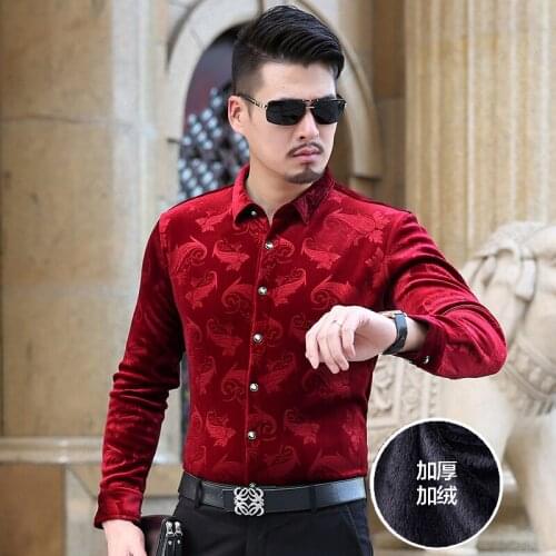 New design winter mens velvet shirts fashion pattern male long sleeve gold velvet clothes thick warm velvet dress shirts
