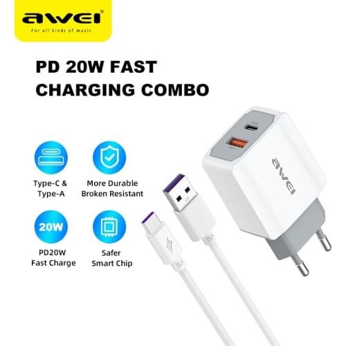 AWEI 20W PD Phone Charger Type-C QC3.0 Fast Charger Plug with 5A Quick Phone Cable Type c Quick Charge Dual Port Adapter PD4
