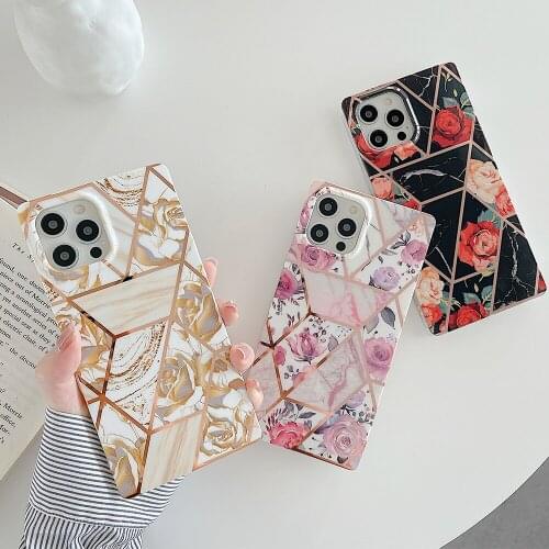 Electroplated Geometric Flowers Square Phone Case For iPhone 12 Pro Max 11Pro Max XR XS Max 7 8 Plus X Soft Cover Coque Bumper