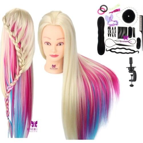 Neverland 28Inch Colorful Synthetic Hair Doll Head Mannequin Head for Hairstyles Hairdressing Training Head with Table Clamp