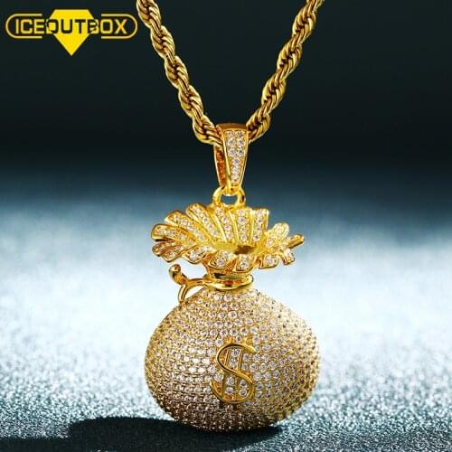 ICEOUTBOX Money Bag Pendant Necklace Backside Can Be Opened Bling Cubic Zircon Women Mens Hip Hop Jewelry Personality Design