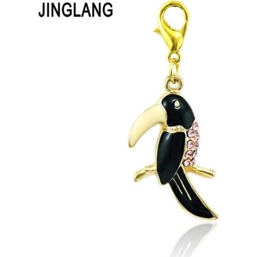 JINGLANG Gold Color Animal Lobster Clasp Charms Pink Rhinestone Black Enamel Woodpecker DIY Charm For Jewelry Making Accessories