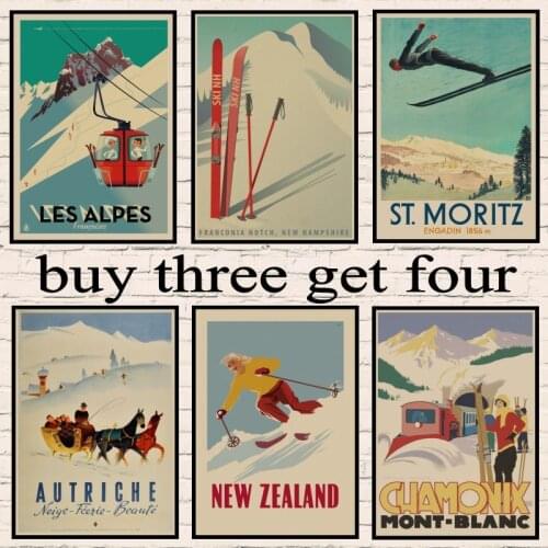 Skiing Travel Les Alpes Ski Propaganda/ Ski in Norway Skiing/ Verbier Cable/ Iceland Skiing Retro Vintage Kraft paper Poster art