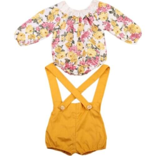Newborn Baby Girls Princess Floral Long Sleeve Romper+ Suspenders Short Pants Jumpsuit Sunsuit Clothes
