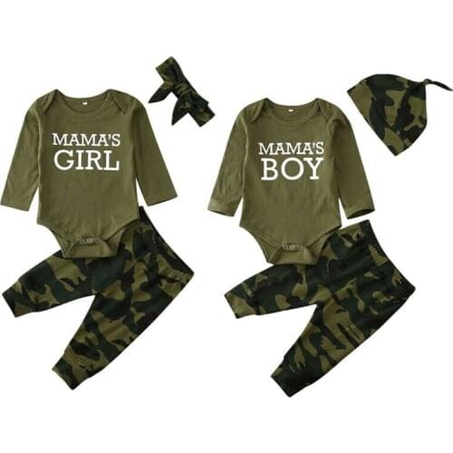 0-12M Baby MAMAS BOY/GIRL Clothes Sets Letter Print Romper Top Camo Pants Headband/Hats Clothes 3PCS Outfit