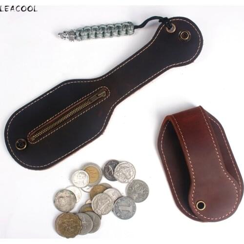 LEACOOL 100% Genuine Leather Racket Sap Big Capacity Coin Purse Defense Multi function Jacksap EDC Coin Bag