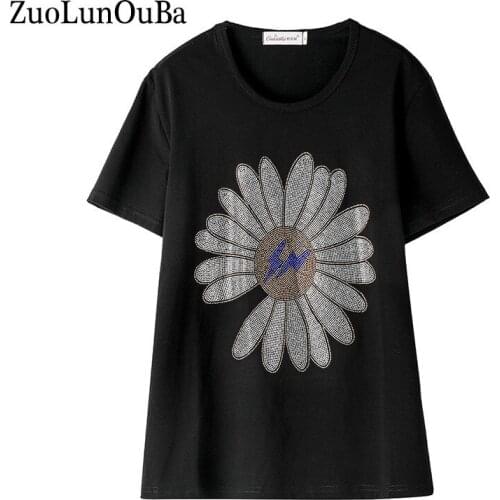 ZuoLunOuBa Summer Fashion Women Black T Shirt Lightning Sun Flower Hot Diamond Decoration Short Sleeved Plus Size Tees Tops