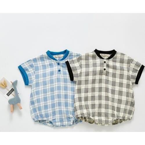 Summer Infant Recreation Brim Triangle Bag Fart Climb Clothes Grid Conjoined With Short Sleeves, Dress Bodysuits Babys Rompers