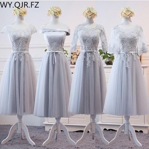 MNZ8&6#Gray and Champagne round collar lace up Medium and long term sleeve Bridesmaid Dresses wedding party prom dress girl 2019