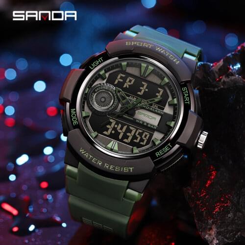 SANDA Fashion Trend Men Watch Personality Raising Hand Lamp Multiple Functions Dual Display Digital Student Electronic Watch
