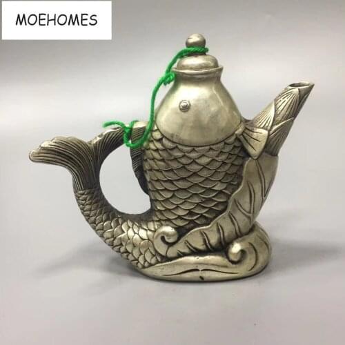 MOEHOMES China Collectible home Decorate Old Tibet silver carving Fish statue tea pot Flagon metal crafts