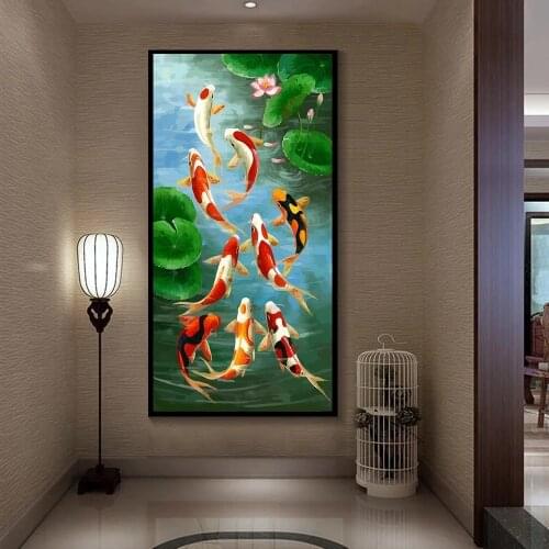 Koi Fish Wall Art Picture HD Prints Canvas Painting Chinese Style Nine Red Koi Fish Landscape for Living Room Modern Decoration