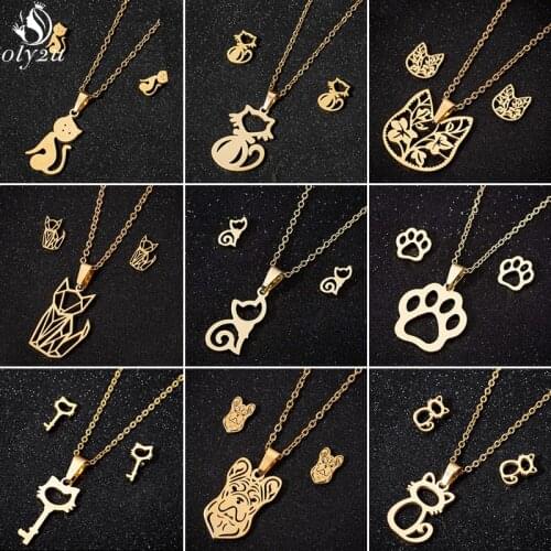 Multiple Stainless Steel Jewelry Sets for Women Kids Origami Cat Necklace Earrings Kitten Paw Studs Animal Accessories Collares