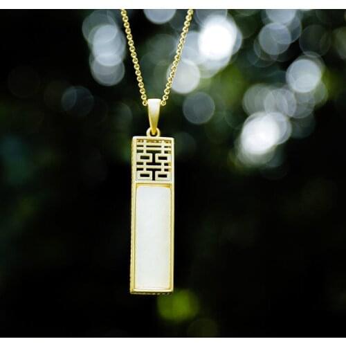 New silver inlaid natural Hetian white jade pendant necklace Chinese retro palace style small group design womens jewelry