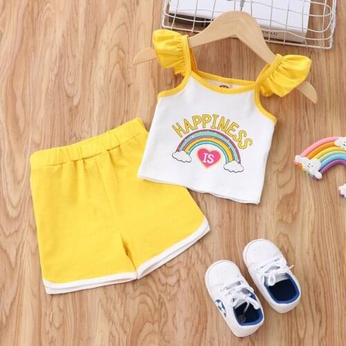 Baby Girl Clothes Baby Girl Outfit 2 Pcs Sets Cotton Rainbow Flying Sleeve Tops+short Pants Baby Sets Baby Clothes Summer 0-18M