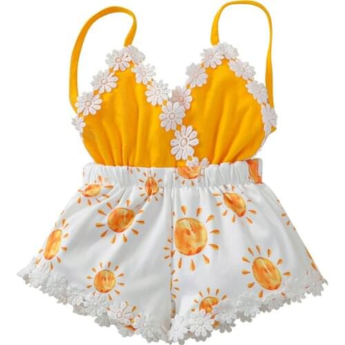 0-4T Newborn Baby Casual Style Romper, Baby Girl Sweet Sleeveless Sun Print V-neck Playsuit with Decorative Flower Summer