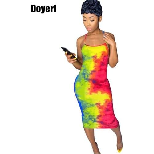 Tie Dye Print Sexy Summer Dress 2021 Beach Sundress Backless Sheath Midi Bodycon Dress for Women Slim Night Club Party Dress