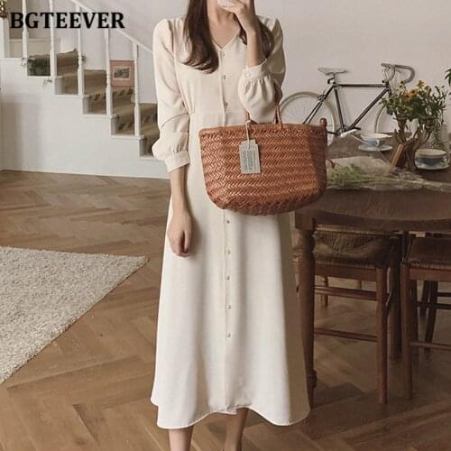 BGTEEVER Spring V-neck Single-breasted Ladies Vestidos 2021 Elegant Full Sleeve Slim Waist Lace-up Female Solid A-line Dress
