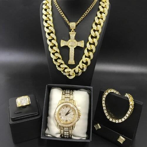 Luxury Men Gold Color Watch & Neckalce & Braclete & Ring& Earrings Combo Ice Out Cuban In Crystal Neckalce Chain Hip Hop For Men