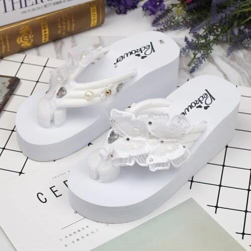 Korean Handmade Pearl Butterfly Slippers Female Summer Non-slip Beach White Platform Wedge Flip Flops Shoes Cheap Online 6cm