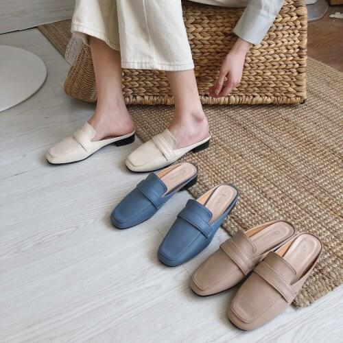 Brief mules sewing woman shoes flats solid leather slippers close toe slingback slides casual comfy flipflops femme fashion 2019