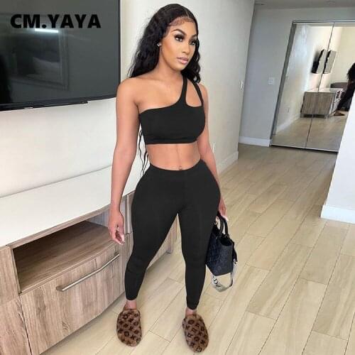 CM.YAYA Solid Streetwear Women Set One Shoulder Crop Tops and Legging Pants Jogger Sweatsuit Fashion Matching 2 Two Piece Set