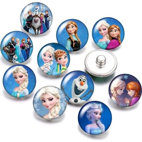 Disney Princess Elsa Anna Cute Olaf 10pcs Round photo glass cabochon 18mm snap buttons for 18mm snap bracelets jewelry wholesale