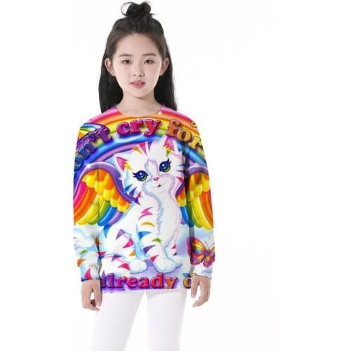 Girls 4-12 Y Spring Autumn Hoodless Long Sleeve 3D Digital Print Rainbow Cat Pattern Hoodies Casual Loose Fit Girls Hoodies