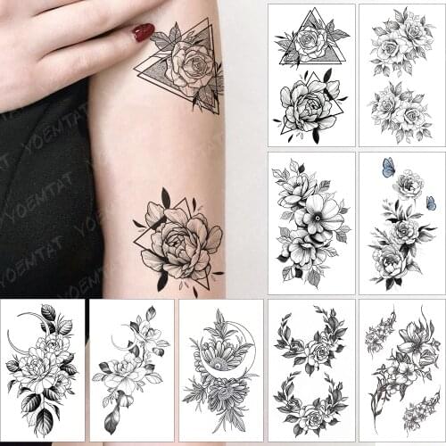 Waterproof Temporary Tattoo Sticker Simple Lines Small Roses Flowers Peony Moon Flash Tatoo Fake Tatto For Body Art Women Men