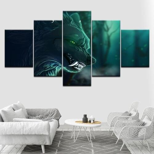 Green eyes wolf animal 5 Piece Wall Art Canvas Print modern Poster Modular art painting for Living Room Home Decor