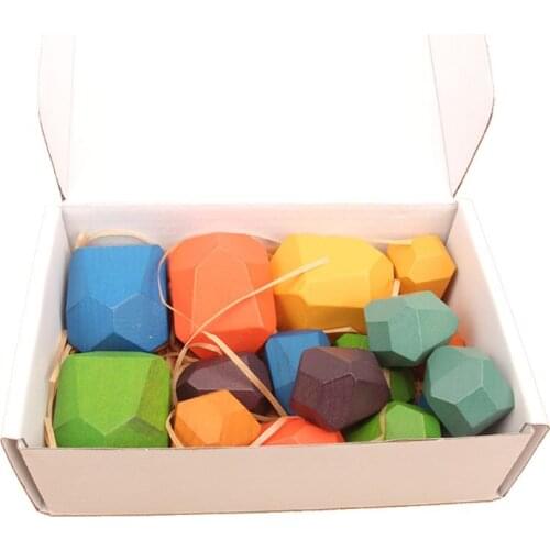 16 Pcs Children Wooden Colored Stone Stacking Game Building Block Education Toy