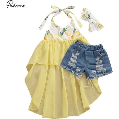 3Pcs Toddler Kids Baby Girls Clothes Strap Lace Dress Tops Ripped Denim Shorts Headband Summer Outfit Set