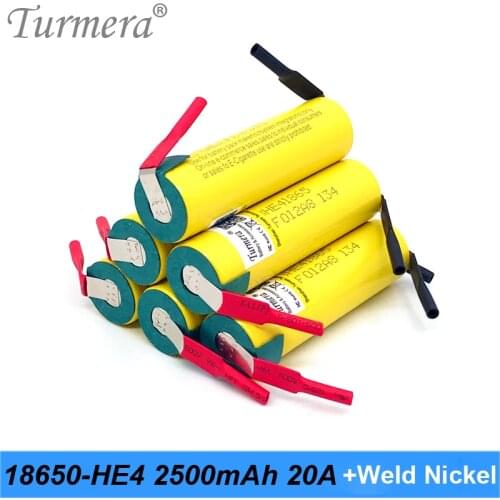 Turmera New 18650 HE4 2500mAh Battery 20A with Welding Nickel for 12V 14.4V 18V 21V 25V Electric Drill Screwdriver Batteries Use