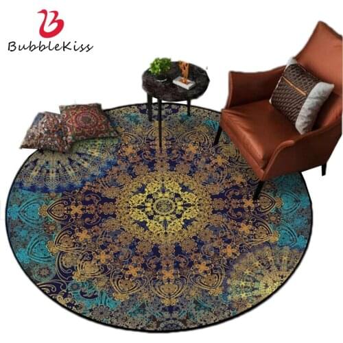 Bubble Kiss Bohemian Floral Round Carpets For Bedroom Vintage Mandala Ethnic Style Area Rugs Home Living Room Decor Floor Rugs
