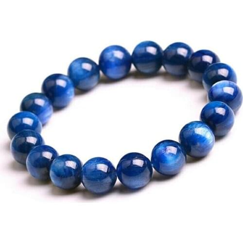 11mm Genuine Blue Natural Kyanite Bracelets For Women Men Stretch Natural Stone Crystal Round Bead Bracelet Cat Eye Effect