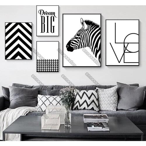 Black and White Colors Zebra Letters Love Stripes Big Dream Modern Style Canvas Painting Posters for Home Rooms Wall Decoration
