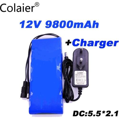 Colaier 12V 9800mAh 18650 DC 12V 12.6V Super Rechargeable Pack EU/US plug adaptor for CCTV camera video Battery Portable
