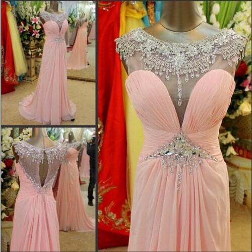 Long arabic gowns real photo luxury crystal formal bead pink sexy chiffon yellow party prom Graduation Bespoke Occasion Dresses