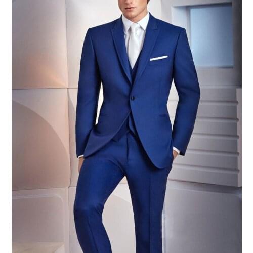2019 Blue Handsome Men Formal Business Suits Custom Made Men 3 Pcs Grooming Tuxedos Party Suits Jacket Vest Pants Traje Hombre