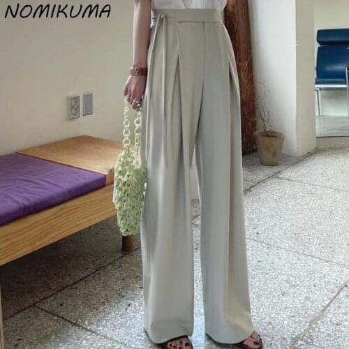 Nomikuma 2021 Summer New Woman Suit Pants Lace Up High Waist Long Trousers Causal Solid Elegant Straight Pants Mujer 6K554