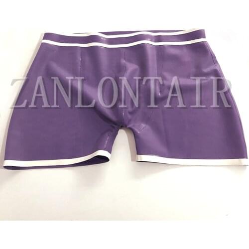 New sexy exotic lingerie male men handmade purple with white trim latex boxer pants undershorts underwear cekc zentai fetish