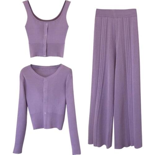 Autumn Women Knitted Sets Fashion Solid Single Breasted Suits Long-sleeved Cardigans & Camisole & Wide Leg Pants Female 3pcs Set