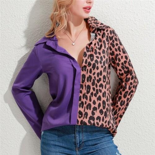 Blouse Autumn Ladies Leopard Patchwork Turn Down Collar Long Sleeves Shirt Fashion Female Blouse