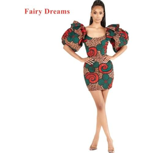 African Womens Dress Digital Printing Sexy Lotus Leaf Lantern Sleeve Slanting Shoulder Africa Lady Clothes Backless Bag Hips