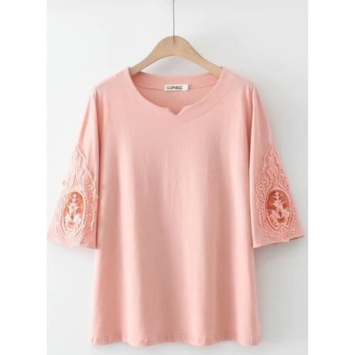 Plus Size XL-4XL Womens Summer Tshirts Cotton&Lace Simple Tops Oversized Female Tee