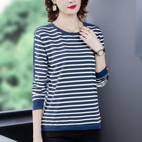 Shintimes 2020 Fall Cotton Tshirt Striped Long Sleeve T-Shirt Plus Size Winter T Shirt Women New Korean Fashion Womens Clothing