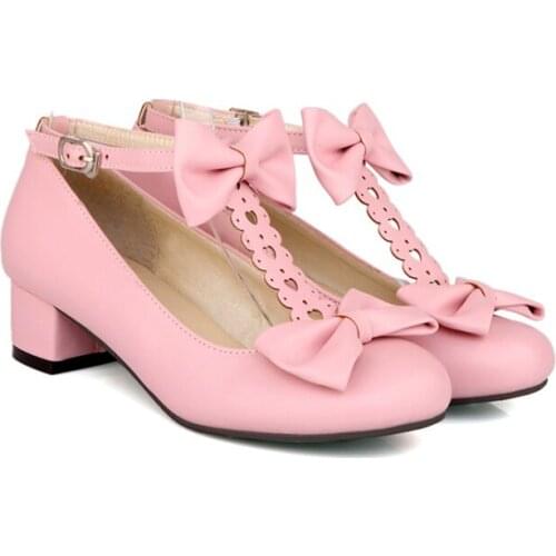 2020 New Arrival Low Chunky Heels Round Toe T-strap Bowties Charms Ankle Strap Pumps Women Shoes