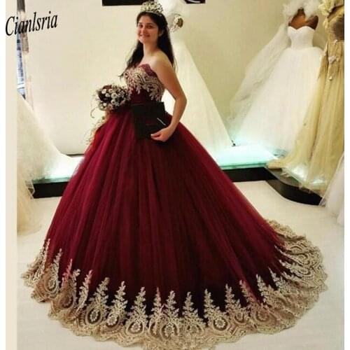 Burgundy Quinceanera Dresses Tulle With Gold Appliques Lace Sweet 16 Dresses Ball Gowns Vestidos De 15 Anos Debutante