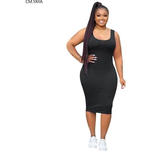 CM.YAYA Women Plus Size Sleeveless Tank Knee Length Bodycon Midi Dress Sport Fashion Bandage Pencil Dresses Vestidos